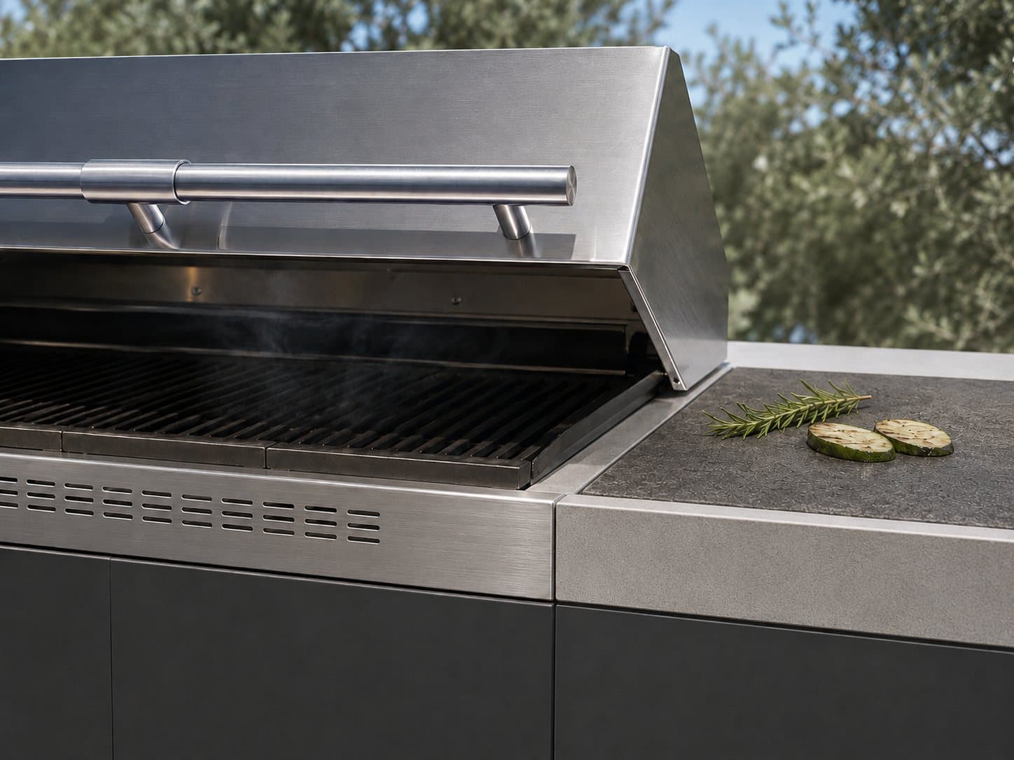 Module de cuisson et plan en inox marin brossé, cuisine d'extérieur