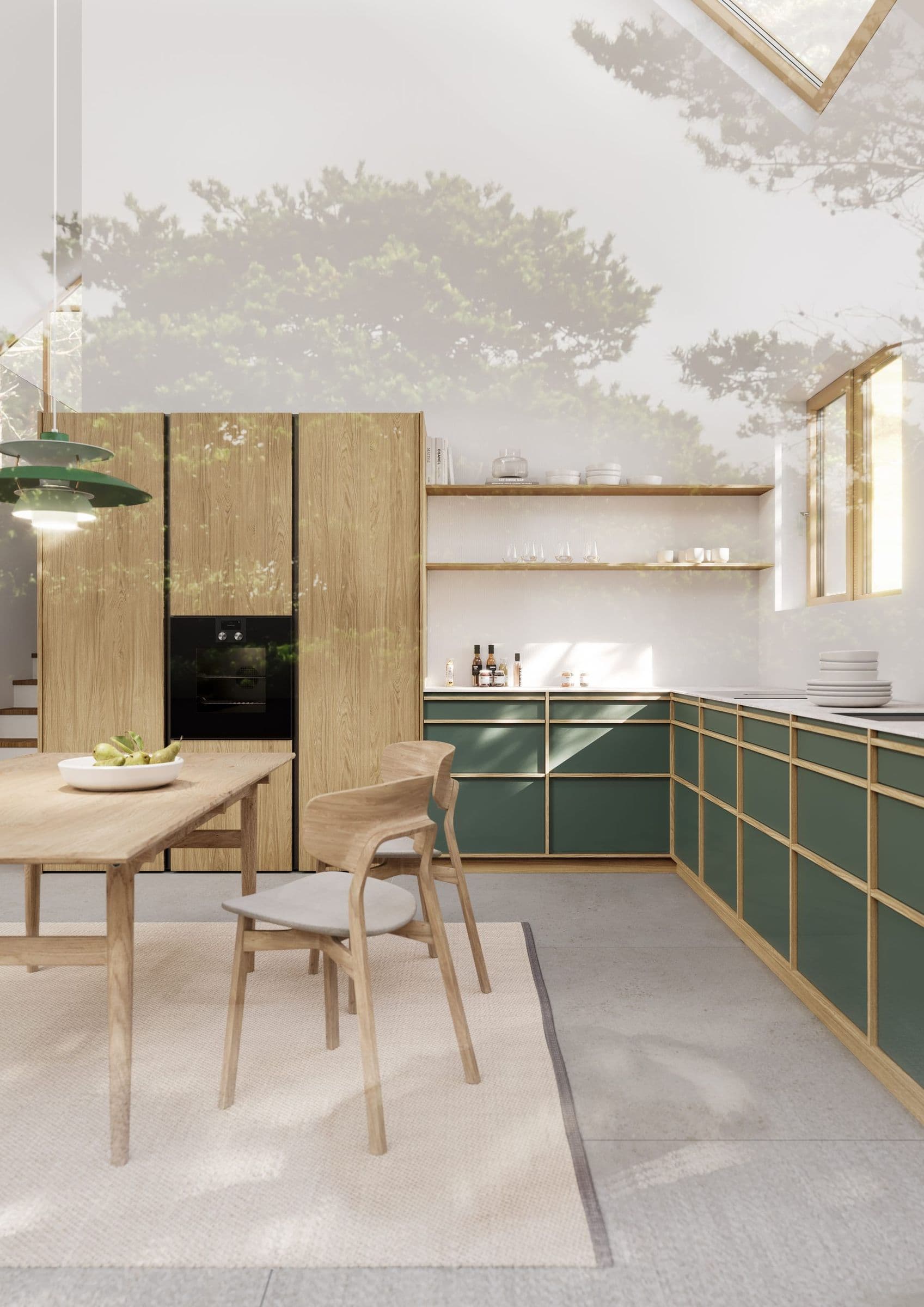 Cuisine en U avec colonnes en décor chêne clair et façades vert profond