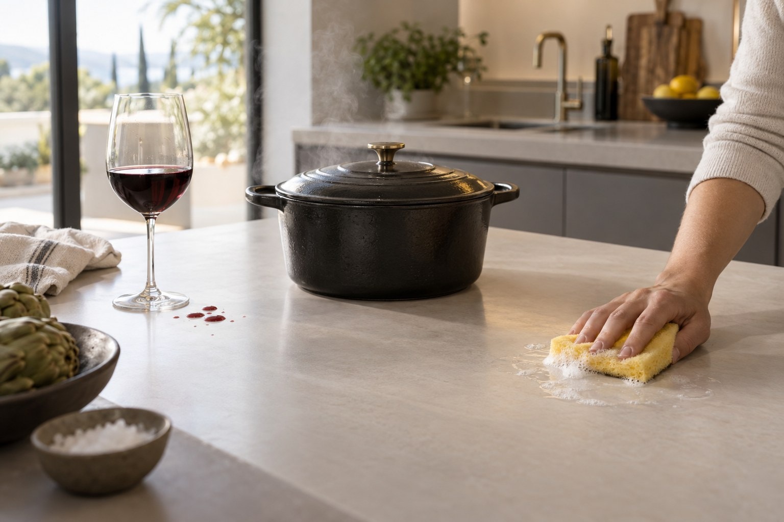 Plan de travail en céramique : plat chaud, tache de vin et éponge