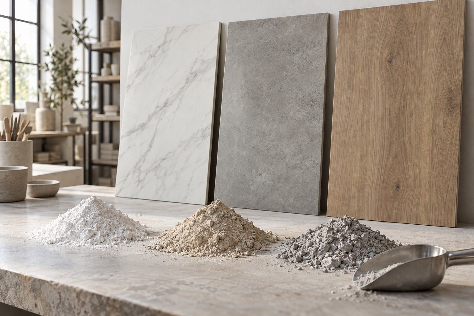 Poudres minérales et dalles de céramique aux aspects marbre, béton et bois