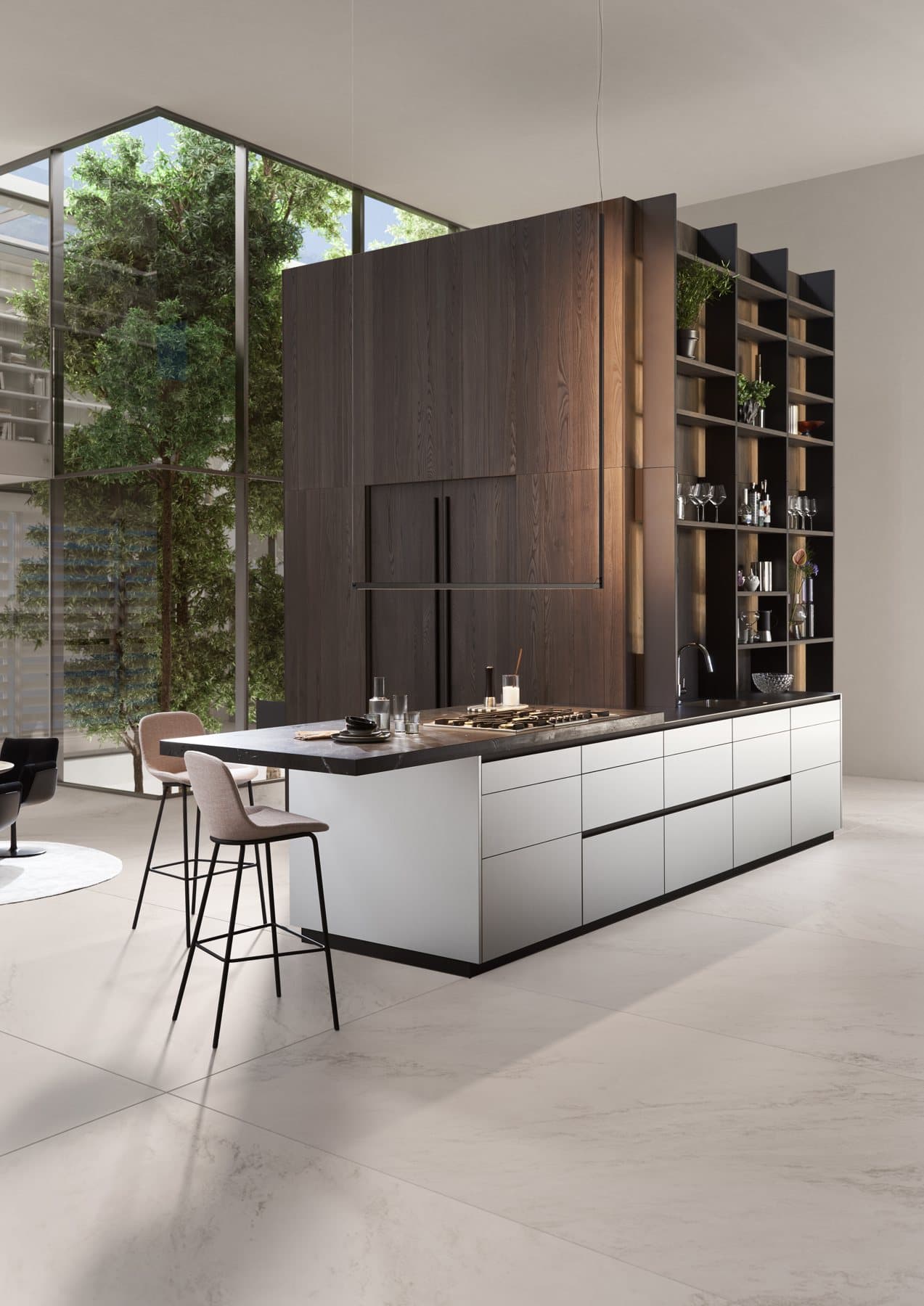 Cuisine ALURO avec îlot et bibliothèque en bois